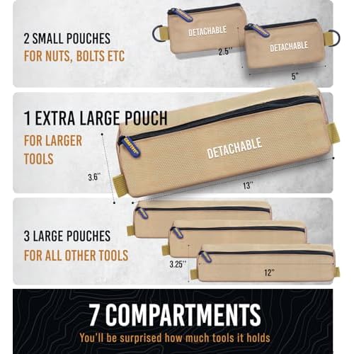 TOUGHEST Roll Up Tool Bag Organizer - 7 Pouches (3 Detachable) Compact Portable Tool Storage Box - 1680D Waterproof Small Tool Bag for Car - Gifts for Dad Mechanic Electrician