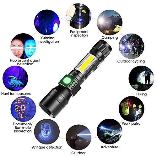 Rechargeable Flashlights, 3 in 1 Super Bright Black Light Flashlights 1200 Lumens, 7 Modes, Zoomable, IPX6 Waterproof Flash Light Recharchable for Camping, Emergency, Pet Clothing Detection 2 Pack