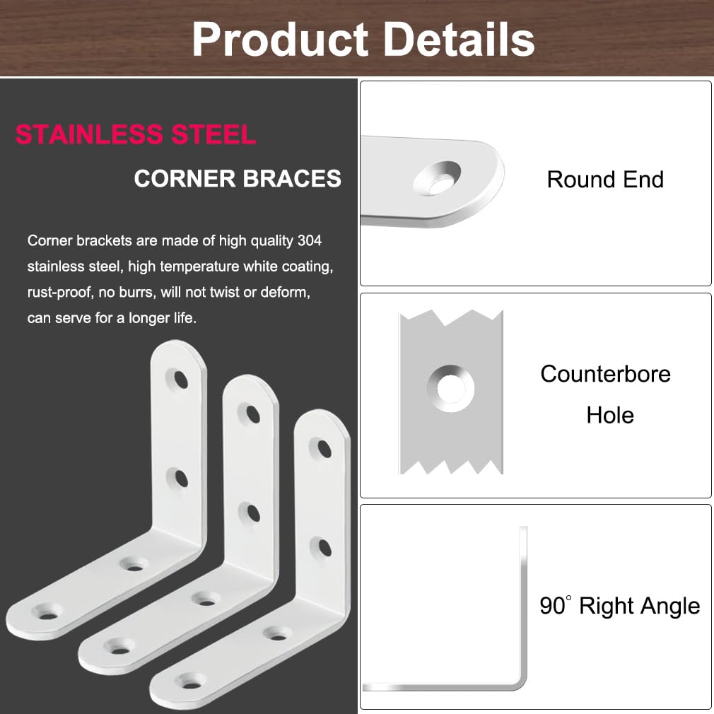 White L Bracket 2.5 Inch Stainless Steel Corner Brace, 6 Pcs 90 Degree Joint Heavy Duty Right Angle Brackets for Wood Shelves, Cabinet, Frame, with Screws