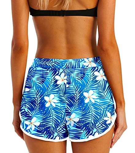 Deerose Women's Blue Leaves Tropical Print Board Shorts with Pockets, Large Size, Beach Swimwear