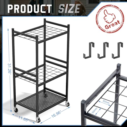 Garden Organizer With Wheels, Yard Tower Rack for Garage Storage, Up to 35 Long-Handled Tools, Sturdy Metal Steel Holder With 3 Hooks, Outdoor, Black
