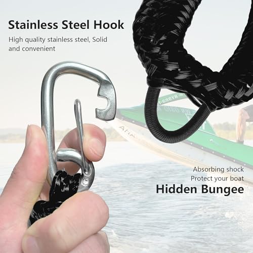 Bungee Dock Line with Double Stainless Steel Hooks, 4-6 ft, 2200lb, 2 Pack