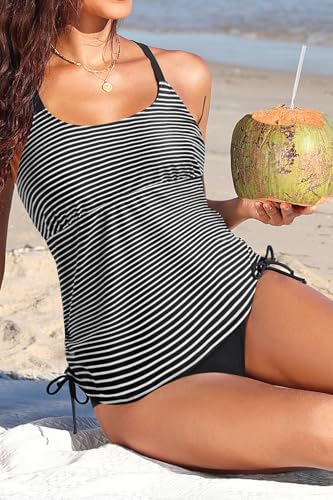 Holipick Womens Tankini Swim Top Only - Striped Large, Loose Fit Modest Bathing Suit