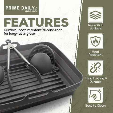 Prime Daily Essentials Silicone Air Fryer Toaster Oven Tray Liner – Extra-Large Capacity, Microwave Safe, Easy Cleanup - Includes Mitts & Tongs