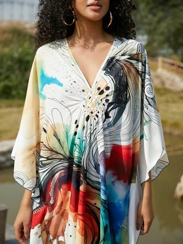Women's V Neck Kaftan Beach Cover Up Dress - A13 Abstract Pattern