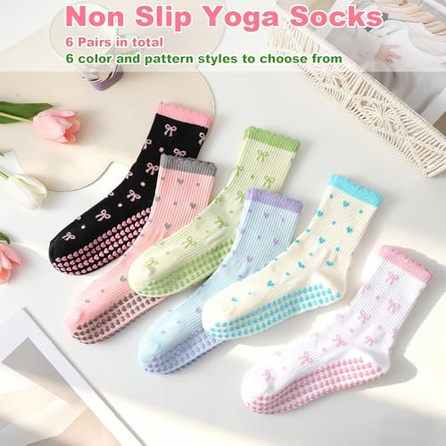Non-Slip Pilates Socks with Grips for Women - Ruffle Bow Heart