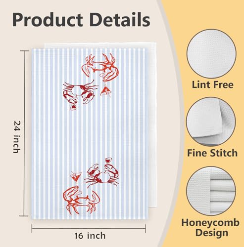 Red Crab Beach Kitchen Towels - Coastal Nautical Hand Towels, 16x24 Inch