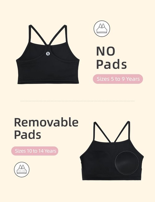 Hvididan Black Sports Bra Girls - Size 10-12 Spaghetti Strap Y Back Training Bras Racerback Yoga Bralette Comfort Crop Top