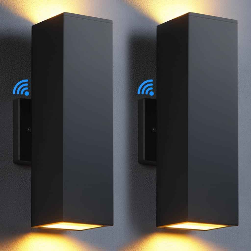 Modern Outdoor Wall Lights - Dusk to Dawn Square Matte Black Sconce with Bulbs, Aluminum Anti-Rust Up & Down Lighting for Porch & Garage