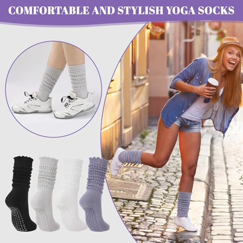 Anti-Slip Pilates Socks with Grips - Ruffle Yoga Crew Socks - Black White Gray Purple