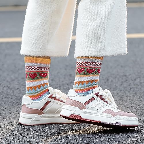Warm Wool Hiking Crew Socks for Women - 5 Pairs Heart