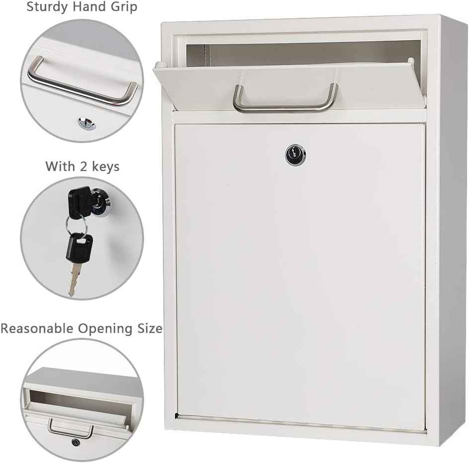 Secure Wall-Mount Mailbox with Lock | KYODOLED Large Steel Drop Box, Black, 16.2H x 11.22L x 4.72W