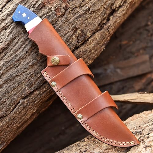 12 Inch Damascus Steel Fixed Blade Hunting Knife with Leather Sheath and American Flag Handle