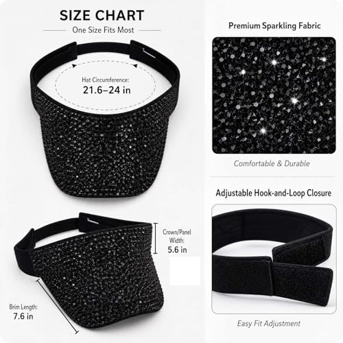 YeeSupe Women's Black Rhinestone Sun Visor Hat - Adjustable Summer Beach Cap