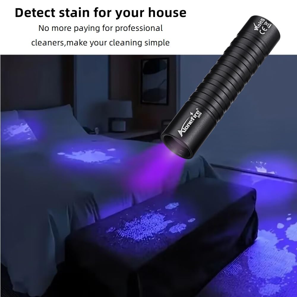 ALONEFIRE SV99 395nm UV Flashlight Small 3W Mini Black Light USB C Rechargeable Money Detector for Pet Urine Detector, Scorpion, Resin Curing, Bed Bug, Fishing, Minerals with Built-in Battery