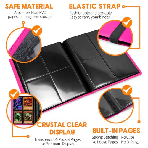 Trading Card Binder - 4 Pockets Card Album for 160 Cards - Rose Red