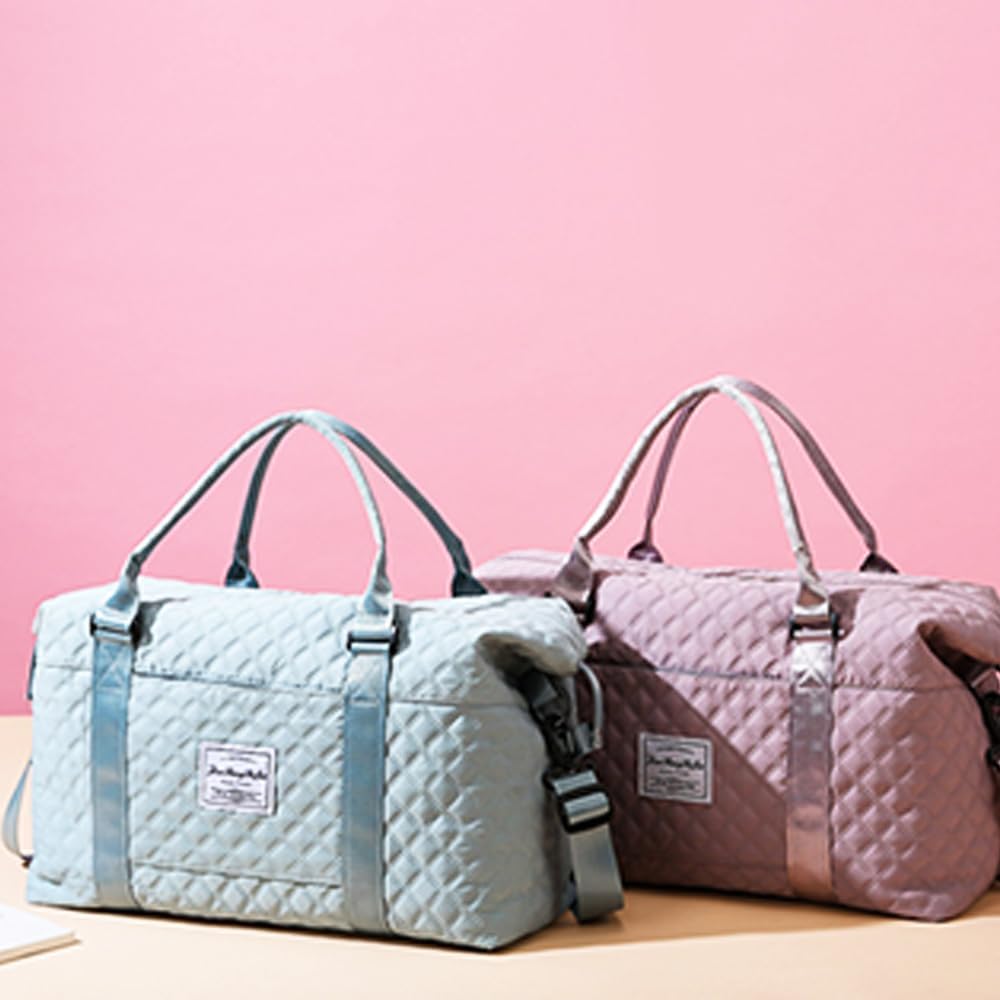 Skiennix Quilted Travel Bag - Stylish Overnight Gym Tote | Blue Weekend Duffel for Women