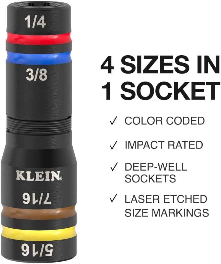 Klein Tools KNECT Quad Socket Set - 4-in-1 Color Coded, Heavy-Duty SAE Impact, 12 Sizes