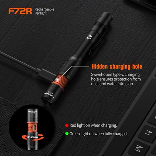 NICRON F72R Pen Light, Pocket Flashlight with Clip,5 Modes 450 lumens mini Rechargeable Flashlight Including Batteries, Focusing penlight ipx4 Waterproof for Work
