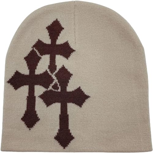 Pooyikoi Y2K Dark Cross Wool Hat for Cold Weather - Black-White, One Size