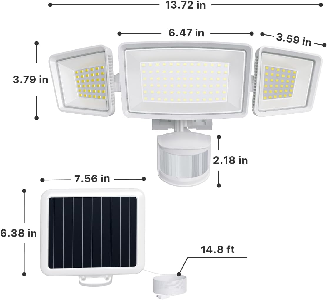 1800LM Solar Security Light with 3 Heads & Remote, 270° Wide Angle, IP65 Waterproof