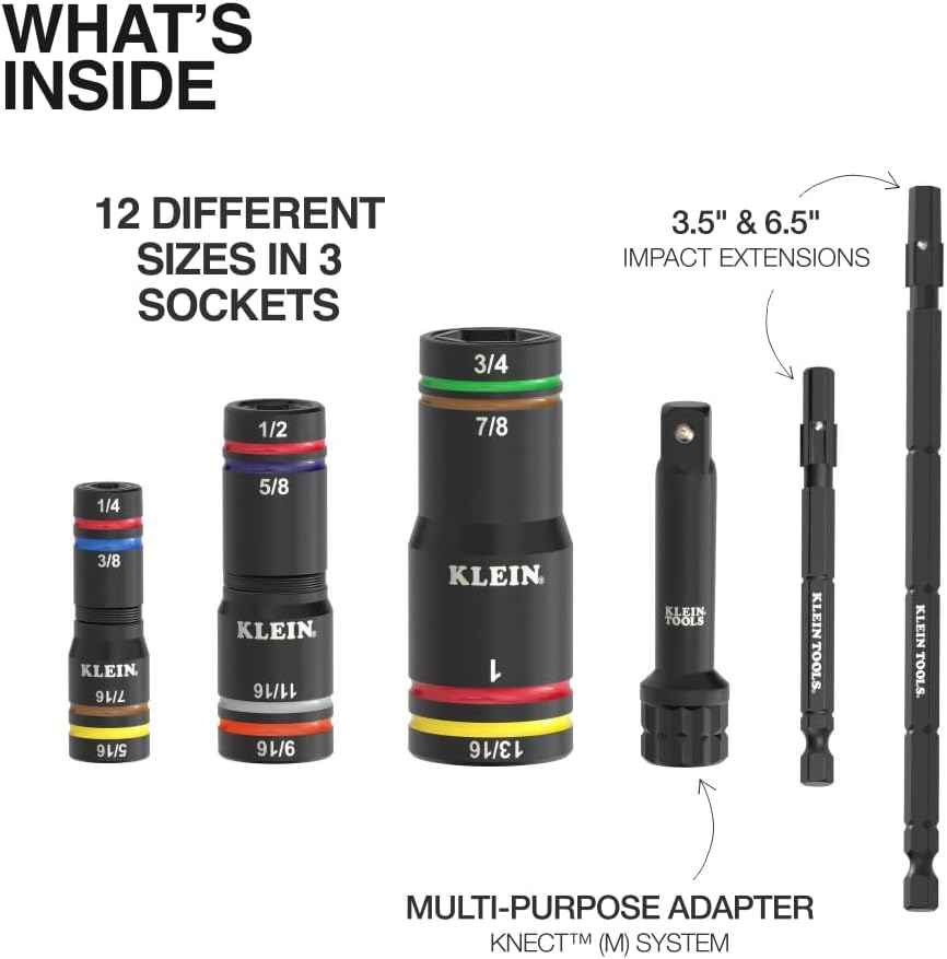 Klein Tools KNECT Quad Socket Set - 4-in-1 Color Coded, Heavy-Duty SAE Impact, 12 Sizes