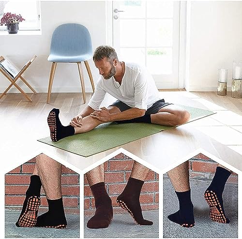 Non-Slip Gripper Socks for Men - 3 Pairs, Size 10-11 - Black, Navy, Coffee