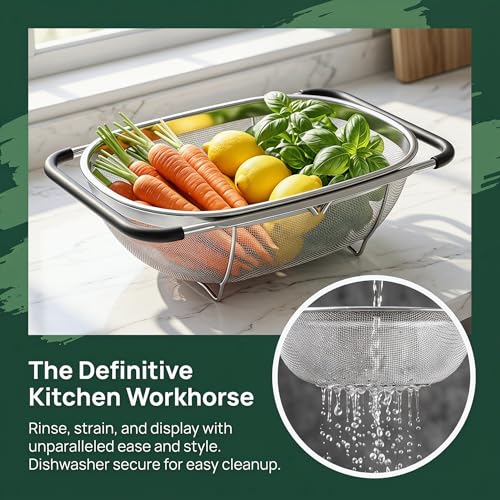2 Pack Over Sink Oval Colanders - Stainless Steel Mesh Strainers with Expandable Handles, 6 Quart Capacity