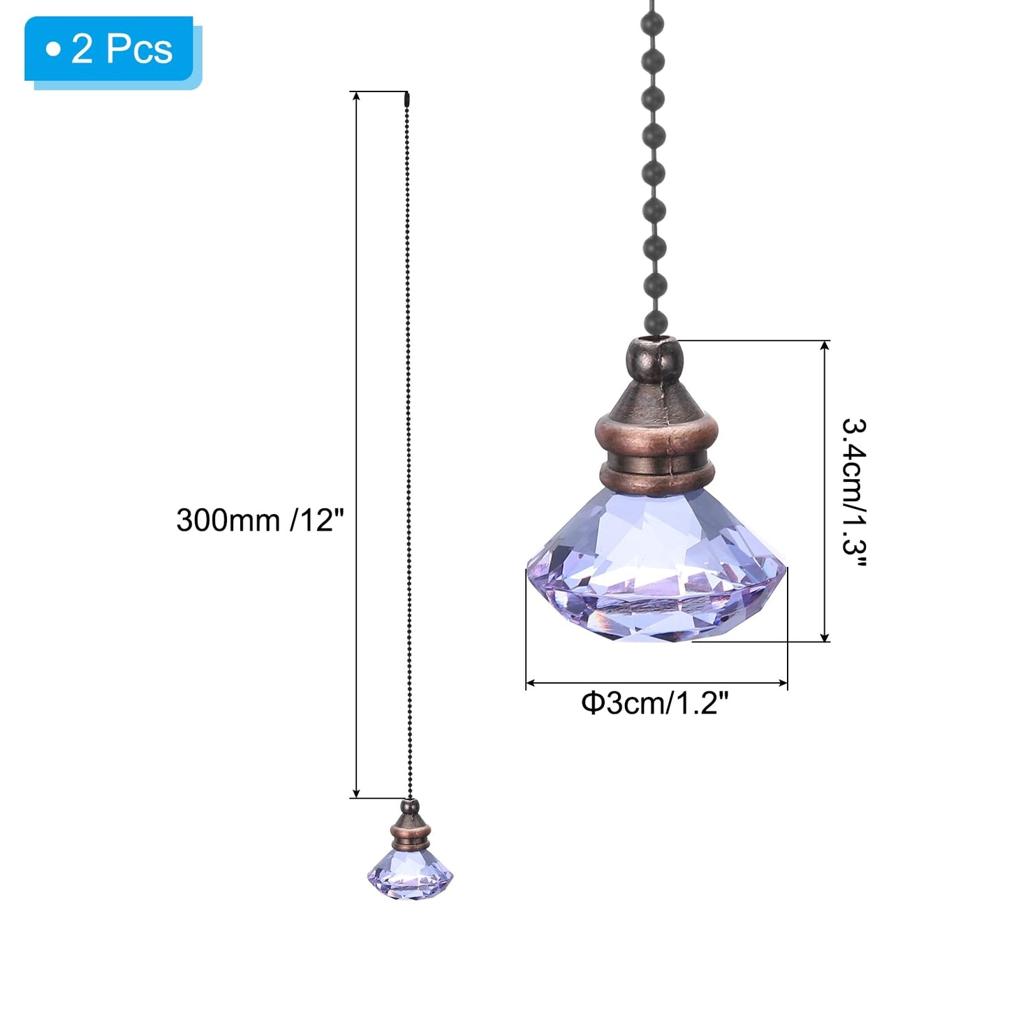 PATIKIL Ceiling Fan Pull Chain, 2 Pack 12" Decorative Diamond Pendant Chain Extender Charm Extension Pull String for Ceiling Fans Light Lamp, Purple