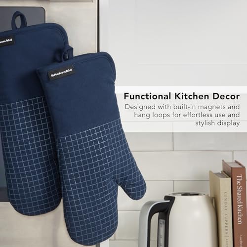 KITCHENAID Gourmet Series Gridlines Oven Mitts 2-Pack Set, Heat Resistant up to 600¡ÆF, Soft Silicone Grip, Magnetic Cuff, Ink Blue, 7"x14"