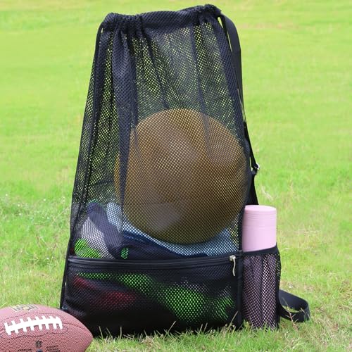 Large Mesh Swim Beach Bag - Drawstring Gym Bag - Black