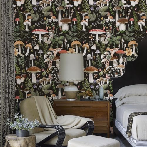 GaliGali Peel and Stick Wallpaper, Contact Paper for Bathroom/Home Decor£¬Black Boho Floral Wallpaper, Mushroom Removable Vinyl Waterproof Self-Adhesive Contact Paper, 17.3"x118", NO.A00121A-3