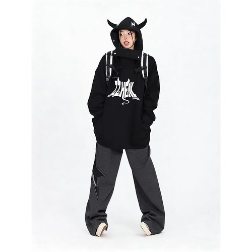 Pooyikoi Women Streetwear Sweatpants Drawstring Elastic Waist Loose Wide Leg Joggers Y2k Star Print Pants Harajuku Trousers (US, Alpha, Small, Regular, Regular, Dark Grey)