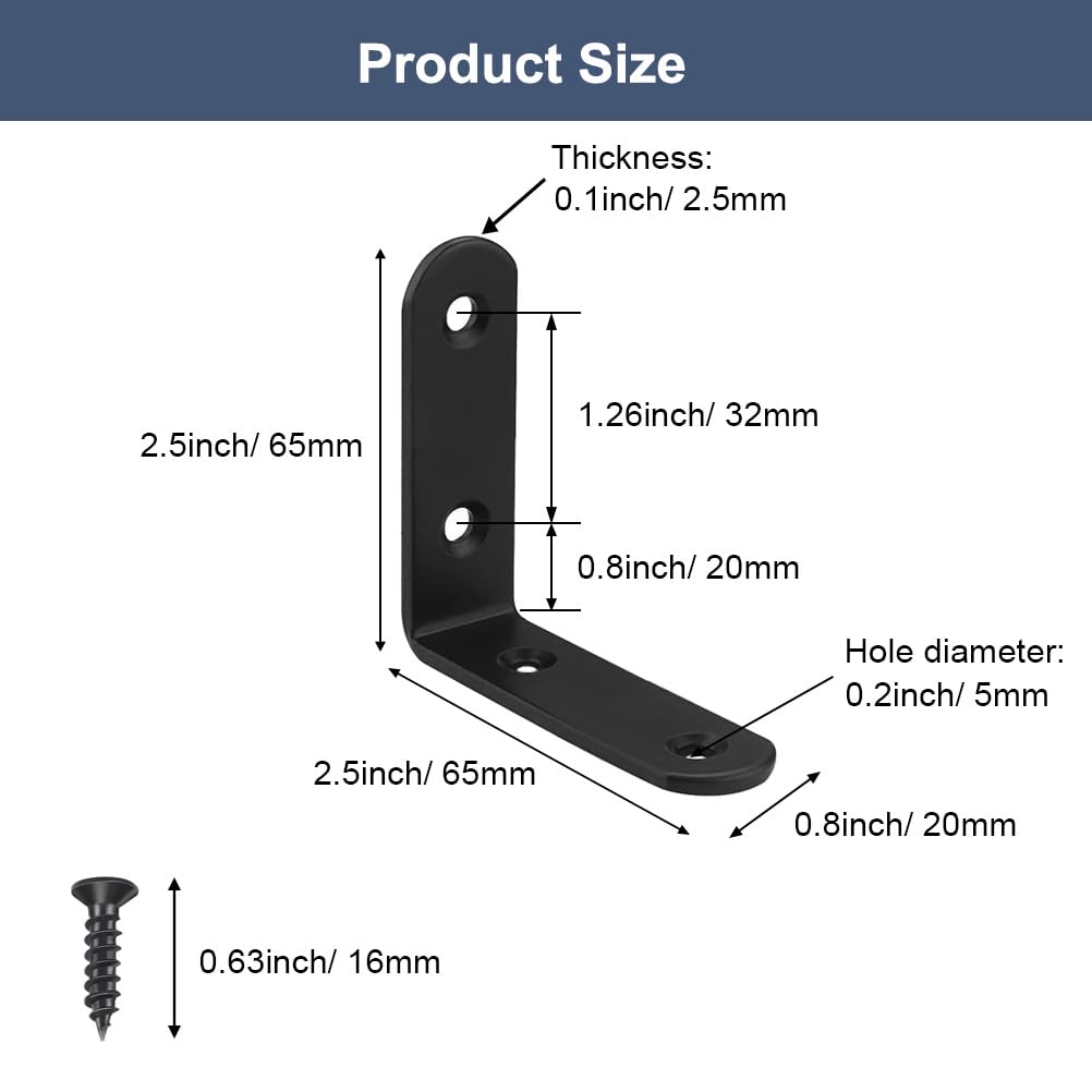 6 Pcs Black L Bracket Corner Braces Stainless Steel 65x65mm Heavy Duty Shelf Bracket for Wood, Shelves, 90 Degree Support Joint Right Angle Brackets