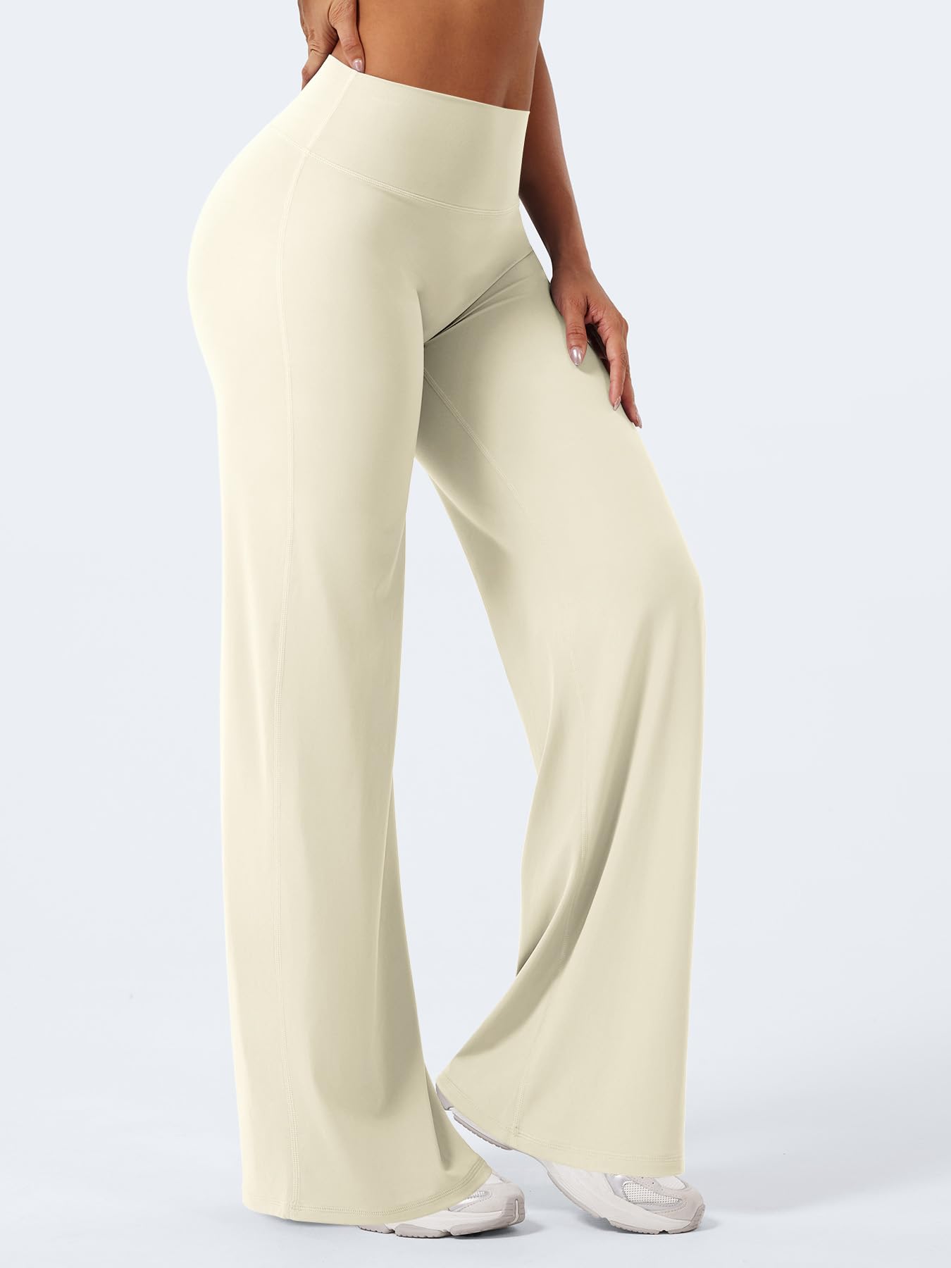YEOREO Workout Womens Straight Leggings 33" Thin Fleece Gym Apricot White M