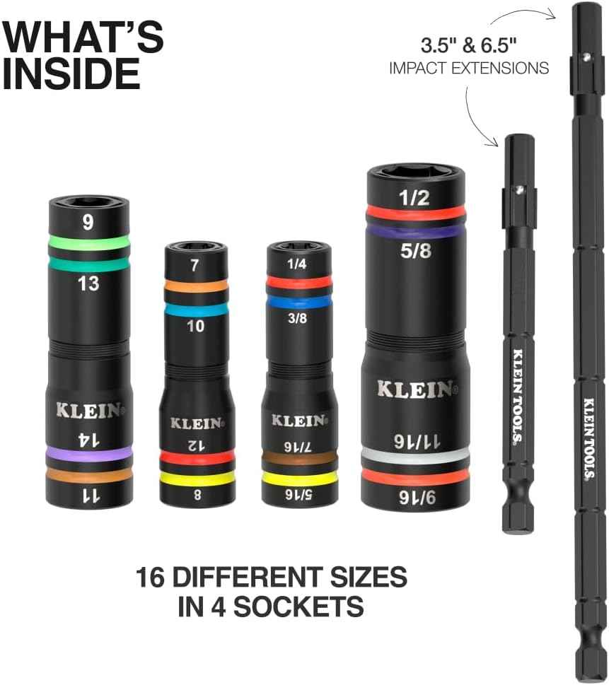 Klein Tools KNECT Quad Socket Set - 4-in-1 Color Coded, Heavy-Duty SAE Impact, 12 Sizes