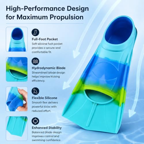Kids Swim Fins Short Blade Pool Training Flippers for Children Blue/Green XXS US Kids 11.5-13