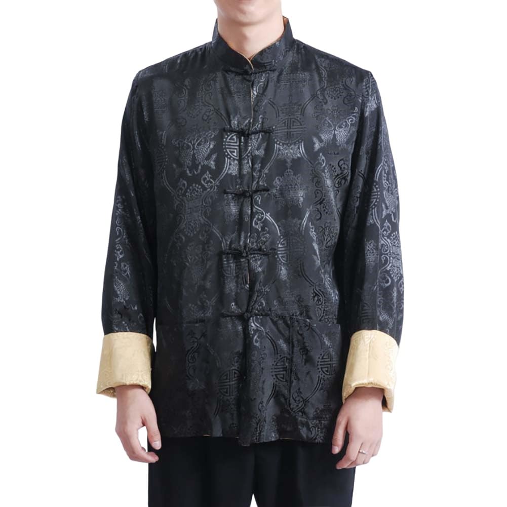 Chinese Style Wedding Long Cheongsam Robe Tang Suit Men Mandarin Collar Martial Arts Kung Fu Hanfu Uniform (50-Black/Gold, L)