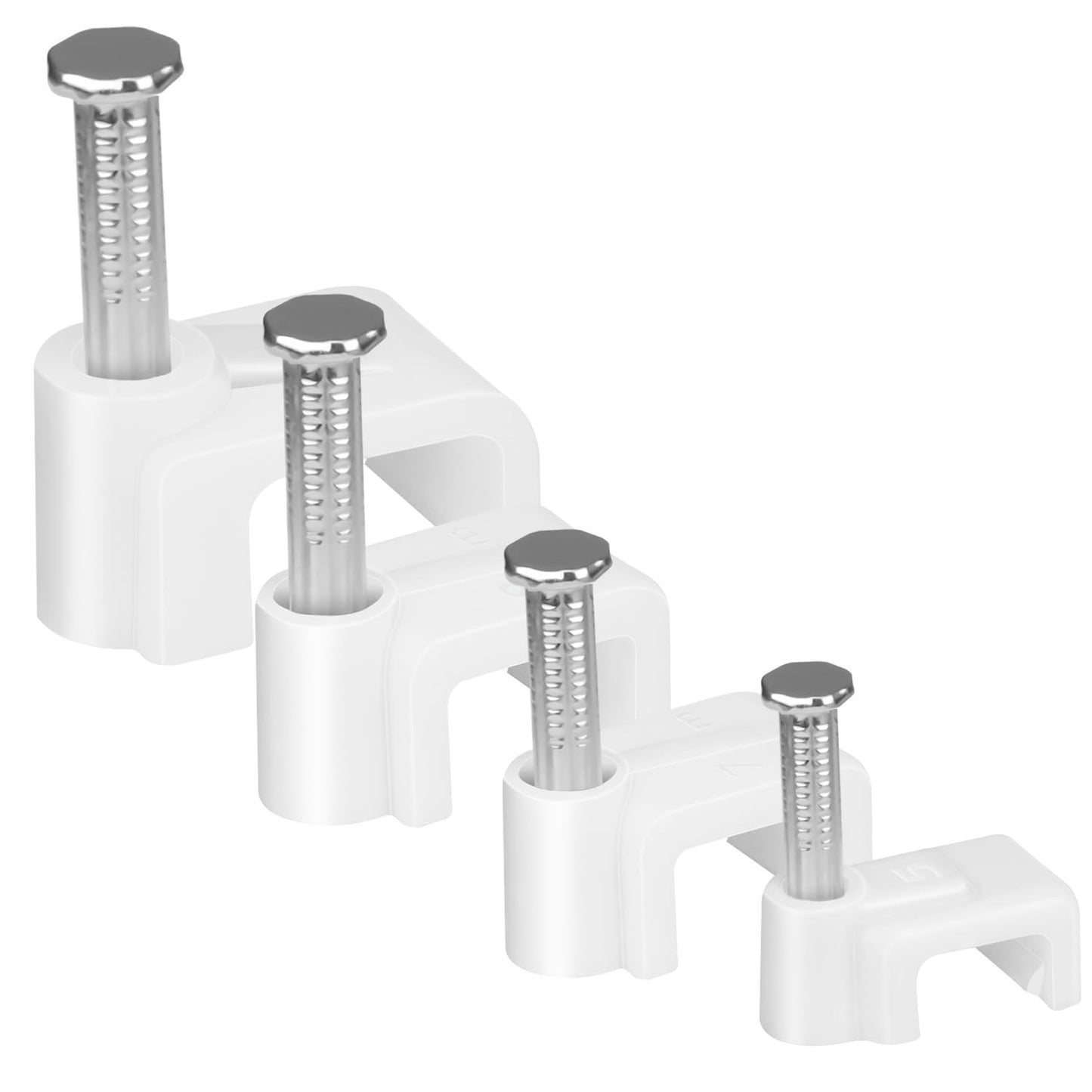 LeMotech 200pcs Cable Clips 5/7/8/10mm Flat Cable Nail Clips Cable Tacks Coaxial Nail Clamps for Cable Cord Management RG6 RG59 CAT5 CAT6 RJ45 Electrical Ethernet Coaxial Clamps, White