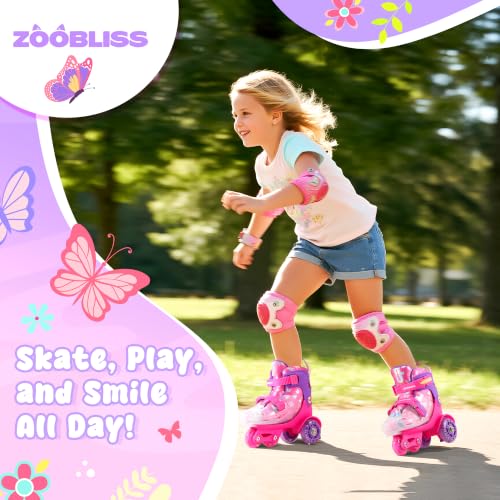 ZOOBLISS Butterfly Pink Kids Adjustable Light-Up Roller Skates (S-small, 11c-1y US) 4 Sizes