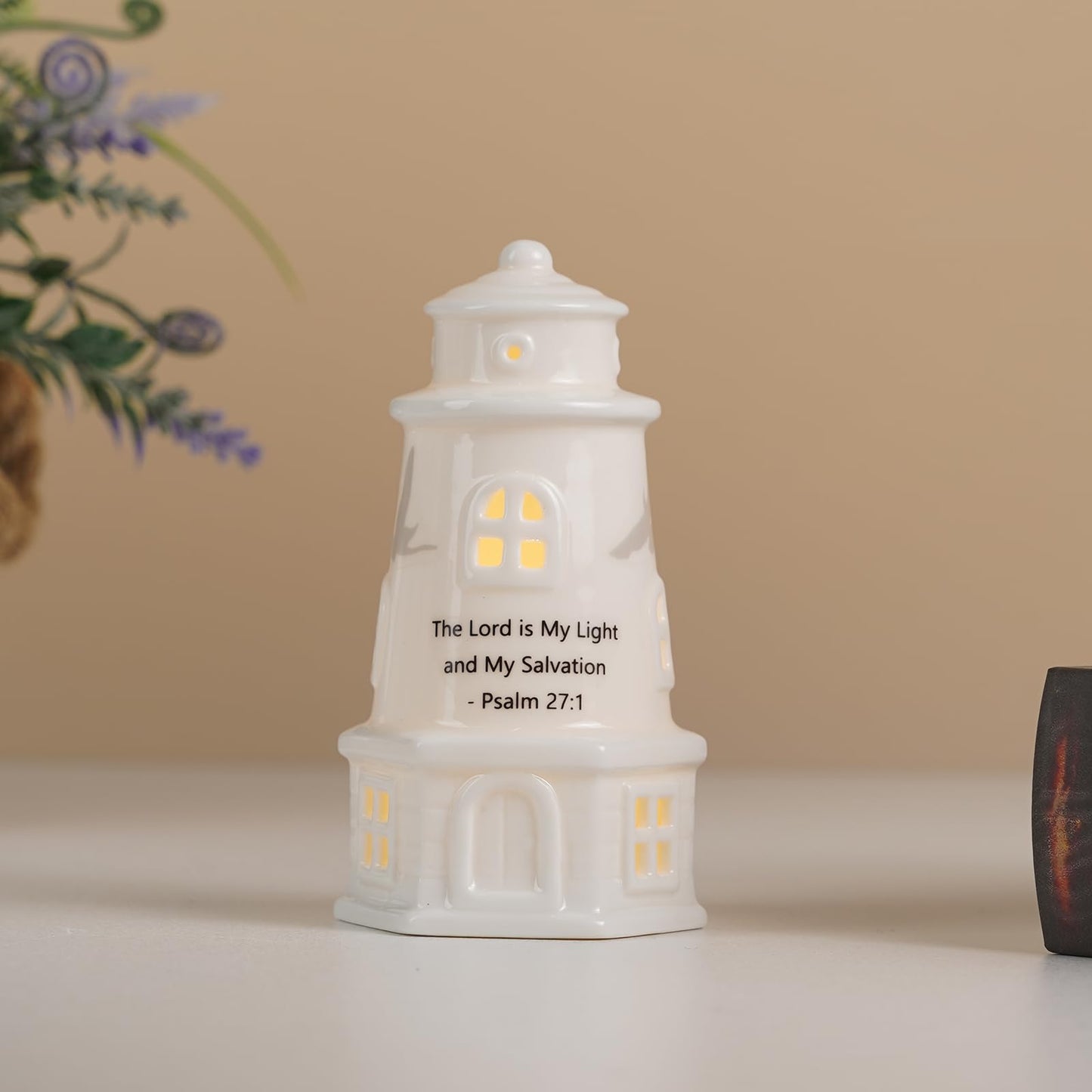 ROSYCOUD White Ceramic Lighthouse with Bible Verses - Psalm 27:1 Christian Light House Decor Statue Lamp, Faith Based Baptism Encouragement Spiritual Religious Gifts for Women