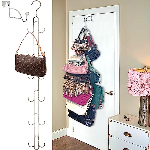 Over Door and Closet Purse Hanger Organizer- 12++ Max Purse Storage, Bag Holder Rotates 360, Quality Heavy Duty Chrome Holds 50lbs; Purses, Handbags, Totes, Crossbody, Backpacks, Fanny, Belt Bags