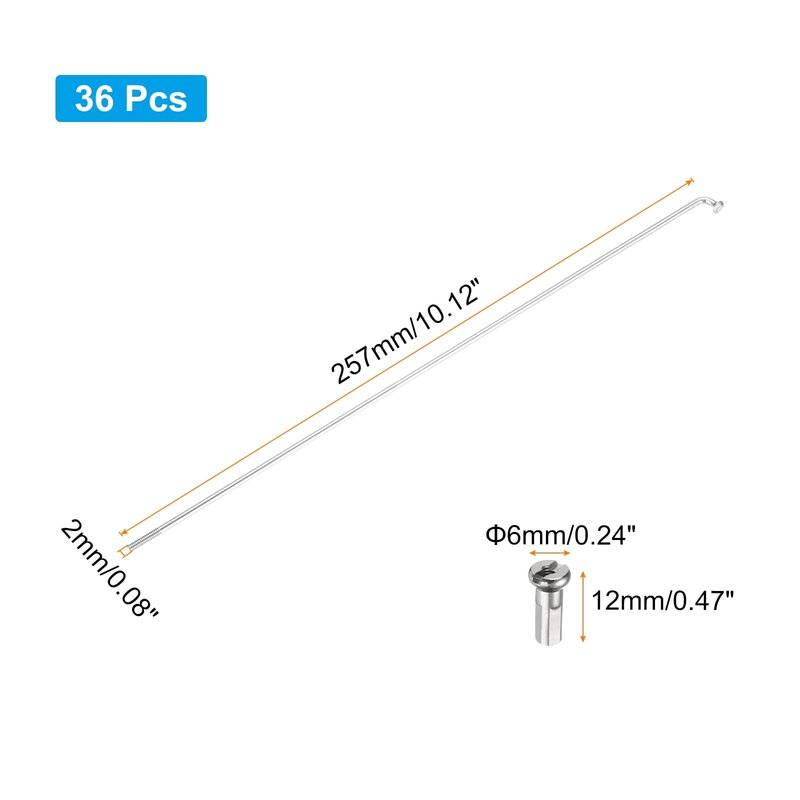 PATIKIL 14G Bicycle Spokes 257 Mm/10.12 Inch, 36 Pcs Stainless Steel J Bend 2mm Mountain Bike Spokes with Brass Nipples for City Road Bike Electric Bike MTB Wheel Spokes, Silver