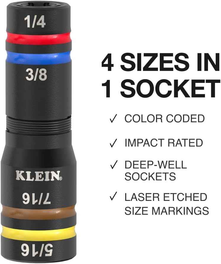 Klein Tools KNECT Quad Socket Set - 4-in-1 Color Coded, Heavy-Duty SAE Impact, 12 Sizes
