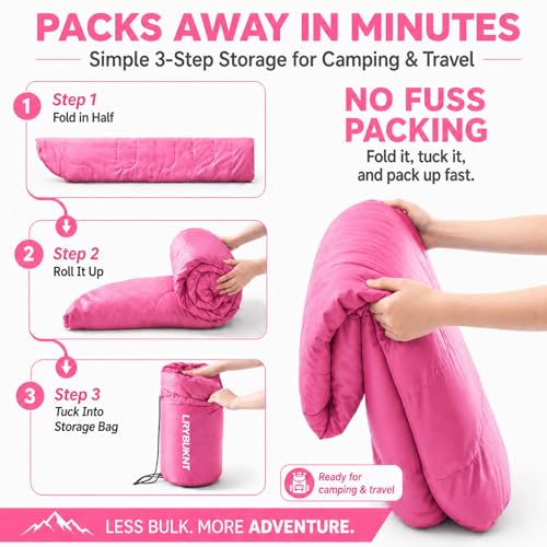 Pink Lightweight Camping Sleeping Bag 4.4lb for Adults & Kids - 32°F–65°F