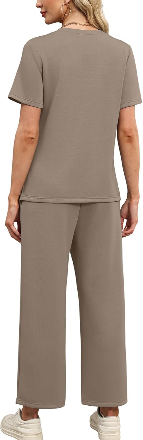 WIHOLL Women's Two-Piece Lounge Set - Short Sleeve Top & Wide Leg Pants | S-3XL, Perfect for Summer Travel