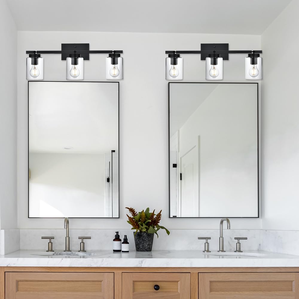VINLUZ 3 Light Black Wall Sconces Bathroom Vanity Lighting Fixture with Clear Glass Shade Classic Spotlight Fixture with Rotatable Light Head Metal Ceiling Light Fixture