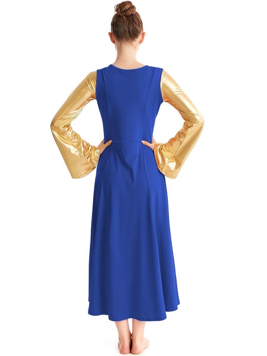 HIHCBF Women Gold Metallic Long Sleeve Liturgical Praise Dance Dress Adults Applique Dancewear Lyrical Worship Robe Costume Royal Blue L