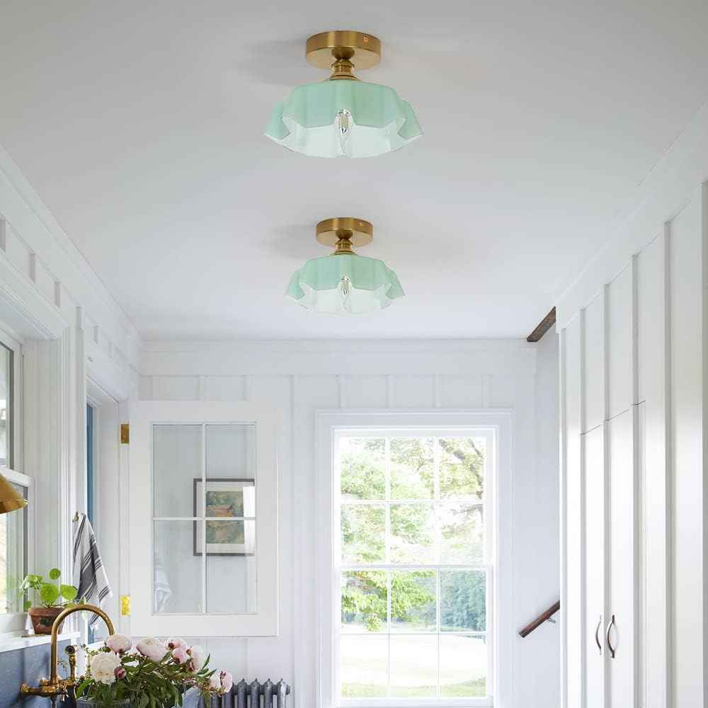 Vintage Pink Flush Mount Ceiling Light - Brass Semi-Flush Fixture with Flower Glass Shade for Small Rooms & Hallways