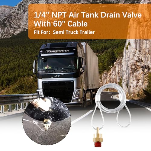 2PCS Air Tank Drain Valve Plug Fitting 1/4" NPT with 60" Cable Valve, Air Brake Reservoir Air Compressor Drain Valve For Semi Trucks